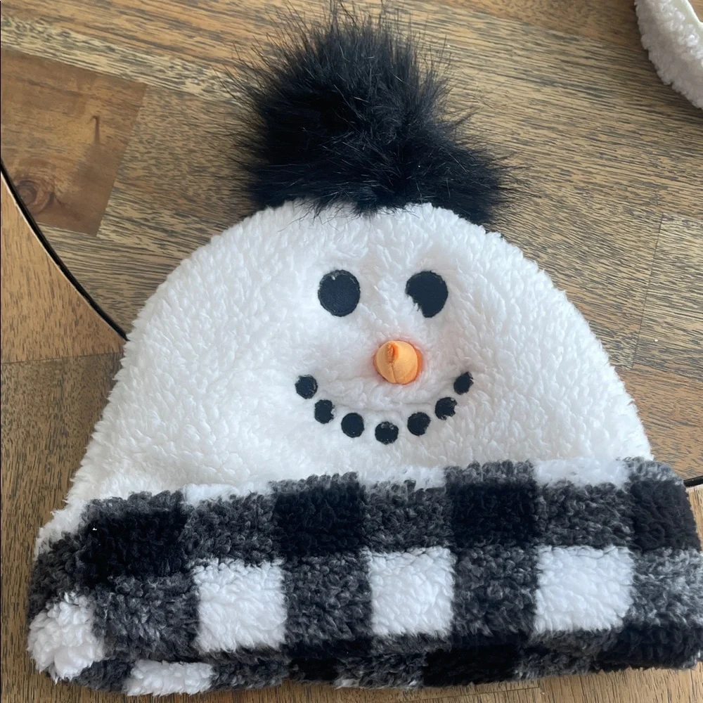 Snowman‎ Beanie Mustard Knit Hat and White Headband Winter Accessory Bundle